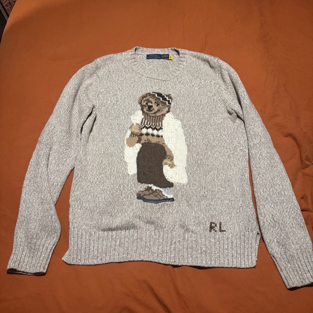 Ralph Lauren Light Gray Bear Intarsia Crewneck Sweater